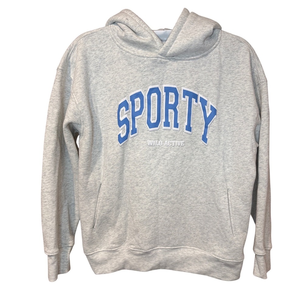 Wilo The Label Sporty Hoodie Sweatshirt Grey Blue Varsity Lettering Size XS